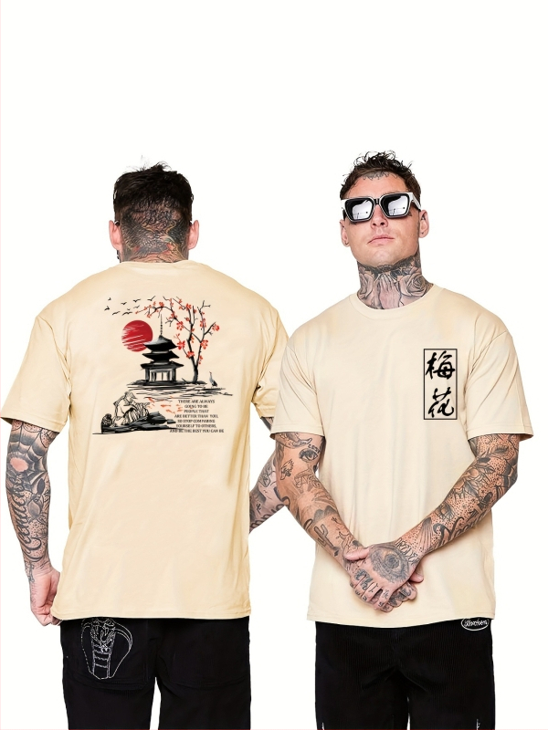 Tricou cu imprimeu de caractere chinezești Prună, tricou bărbătesc, vară, primăvară, toamnă, tricou casual cu mânecă scurtă, jachetă