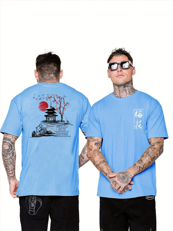 Tricou cu imprimeu de caractere chinezești Prună, tricou bărbătesc, vară, primăvară, toamnă, tricou casual cu mânecă scurtă, jachetă