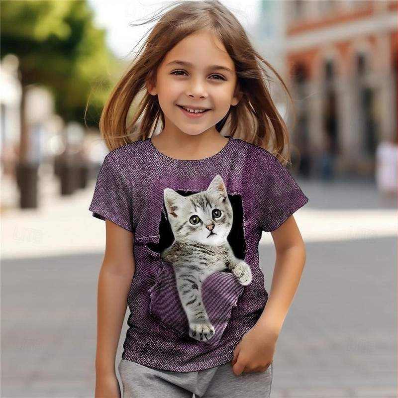 Ανεξάρτητος Σταθμός Ζεστή Προσφορά Καλοκαιρινά Αθλητικά Μόδα Παιδικά Κινούμενα Σχέδια Γάτας 3D Εκτύπωση Στρογγυλή Λαιμόκοψη Κοντομάνικο T-shirt