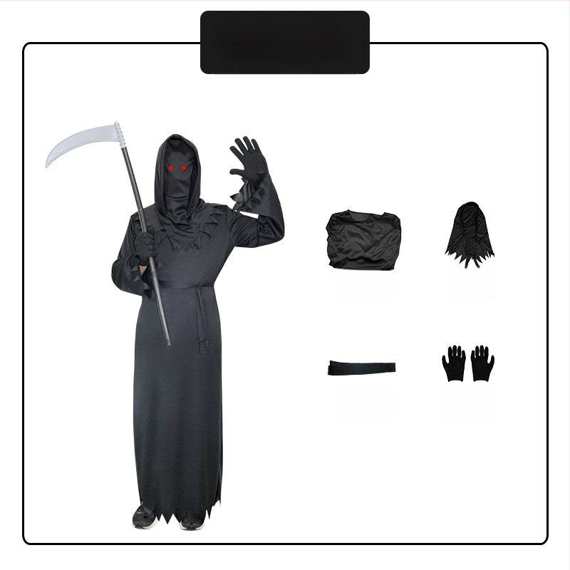 Laste müsteerium-õudus-surmakleit Halloweeni mängukostüüm lahedate punaste silmadega sirbiga