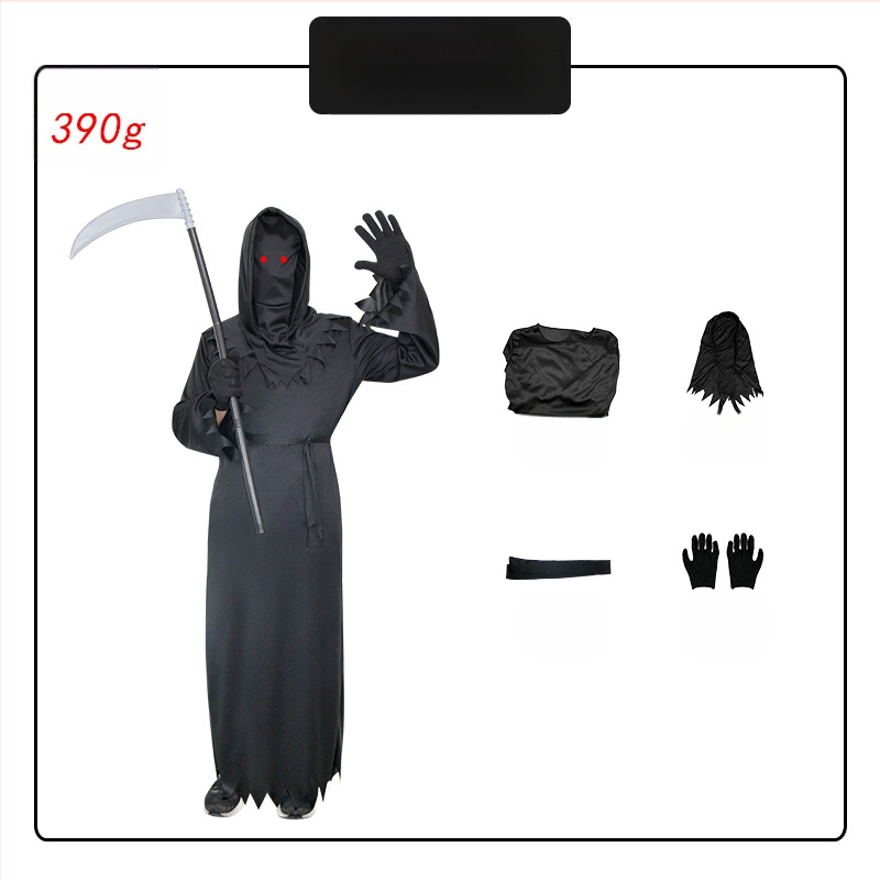 Laste müsteerium-õudus-surmakleit Halloweeni mängukostüüm lahedate punaste silmadega sirbiga