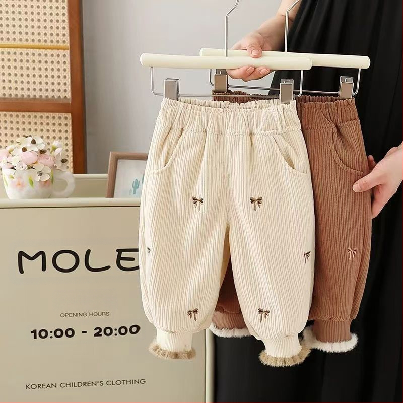 Djevojačke hlače s flis podstavom, jesenske i zimske, zapadnjački stil, ležerne hlače za bebe, dječja zimska odjeća, ležerna vanjska odjeća s zadebljanim nogavicama