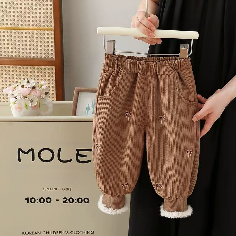 Djevojačke hlače s flis podstavom, jesenske i zimske, zapadnjački stil, ležerne hlače za bebe, dječja zimska odjeća, ležerna vanjska odjeća s zadebljanim nogavicama