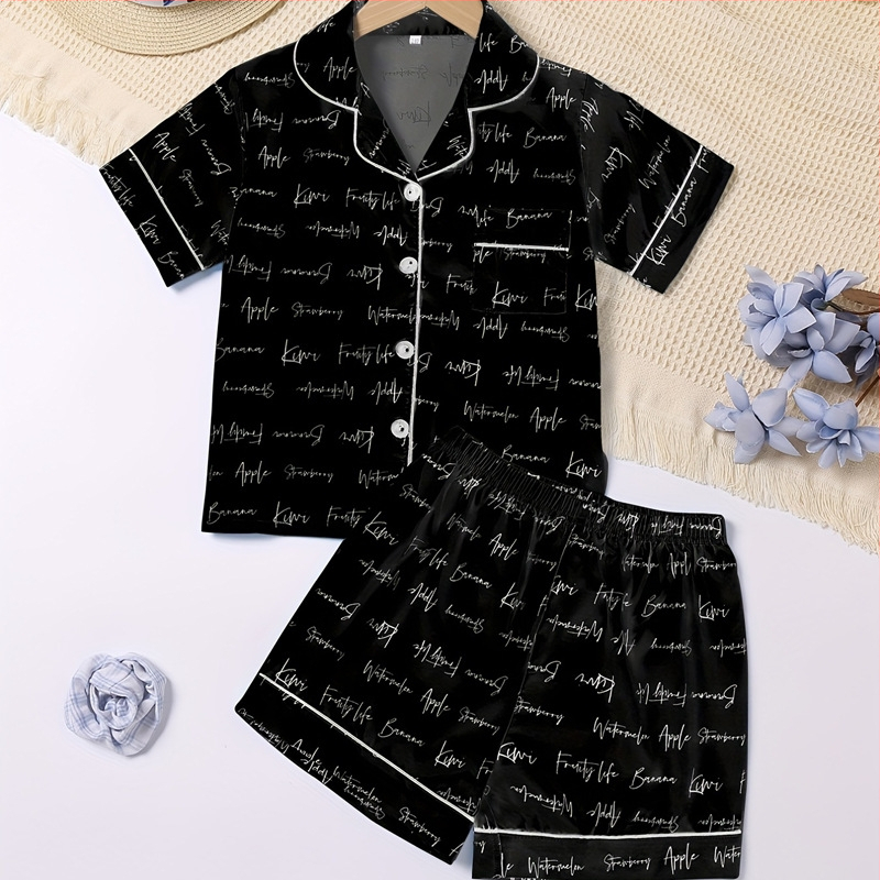 Vaikiški pižamos, vasarinės, vienspalvės, trumpomis rankovėmis, mergaičių laisvalaikio, patogūs, dirbtinio šilko namų drabužiai.