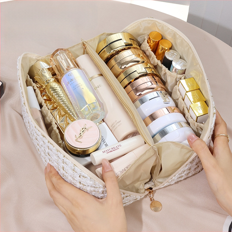 Nešiojama pagalvės kosmetikos krepšys su auksiniu šilko languotu pagalvės krepšiu kelioninis tualetinis krepšys didelės talpos laikymo krepšys lūpų dažams