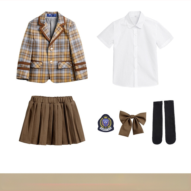 Pradinės mokyklos mokinių pavasario ir rudens klasės drabužiai britų koledžo stiliaus mokyklinė uniforma darželio sodo drabužiai vaikams languotas kostiumas sijonas kostiumas