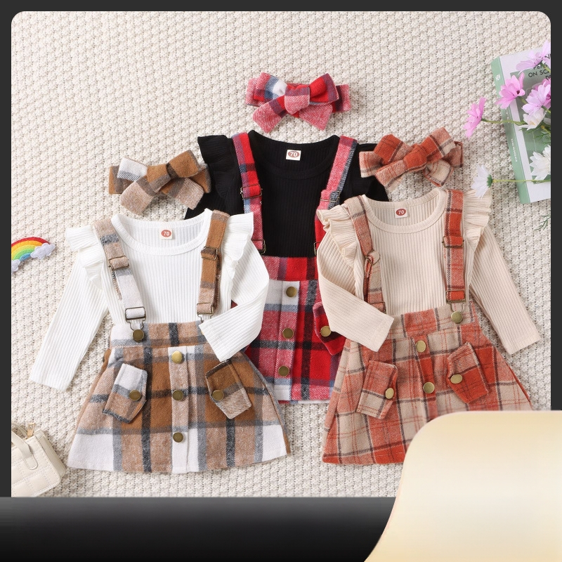 Prekogranična veleprodaja dječje odjeće za jesen i zimu za djevojčice i djecu, jednobojno odijelo s dugim rukavima i trokutom + karirana suknja s naramenicama