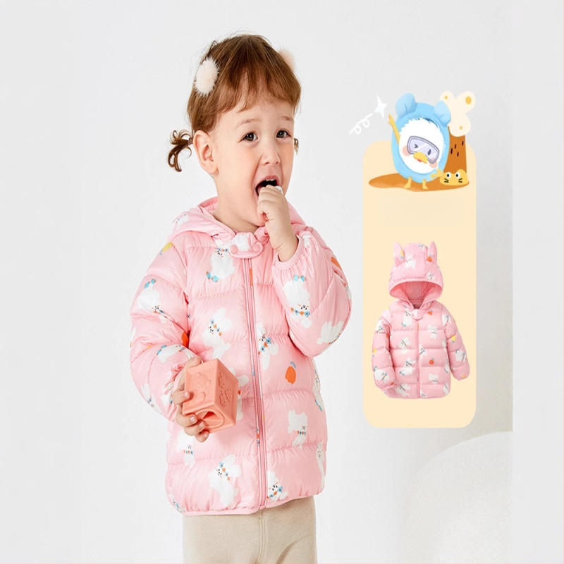 Poiste beebijope, laste mantel, talv 2023, uus, tüdrukute beebipluus, valge, kerge kapuutsiga, pardi udusulgedest