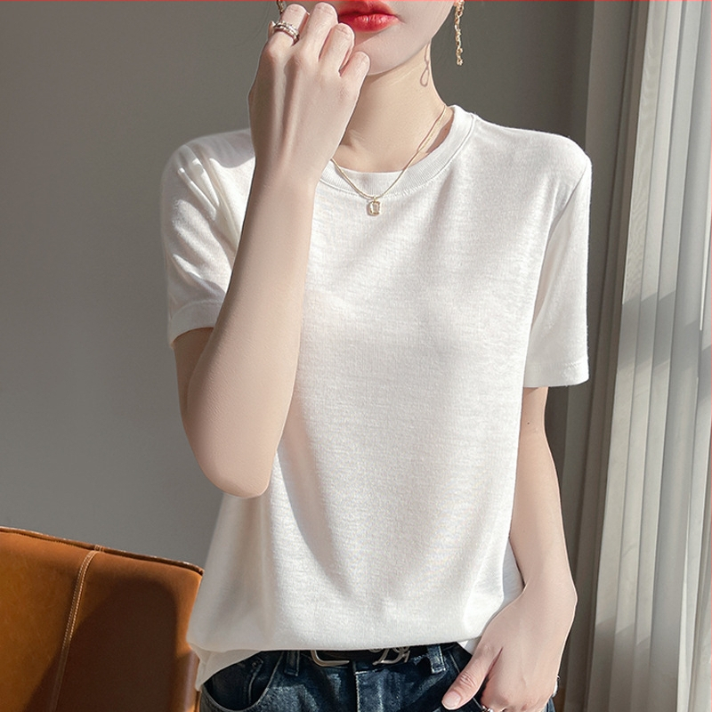 Tricou de vară cu mânecă scurtă, subțire, din lână pieptănată, pentru femei, cu guler înalt, culoare solidă, cu mânecă jumătate, tricotat, en-gros transfrontalier