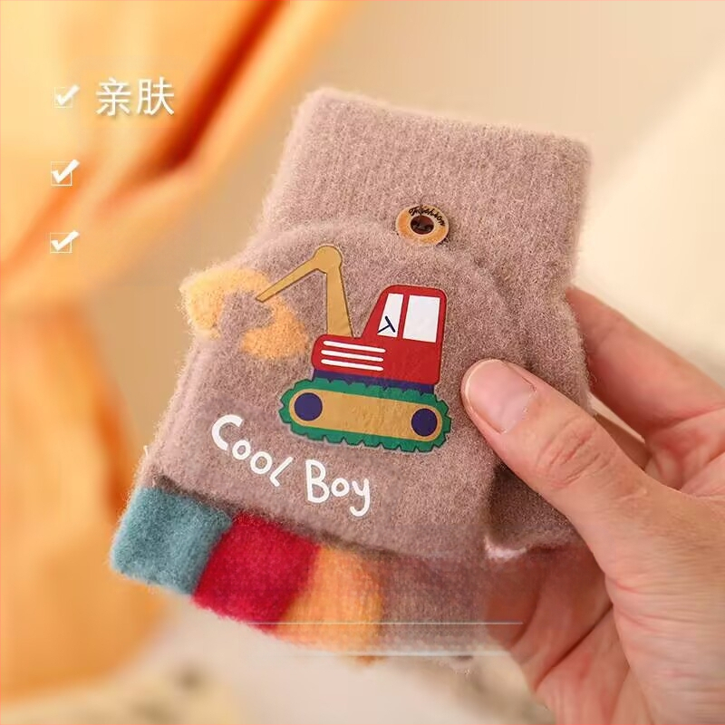 Laste kindad ekskavaatoripoistele sügise ja talve multifilmi armsad poole sõrmega klapiga kootud villast külmakindlad soojad kindad