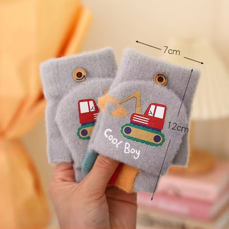 Laste kindad ekskavaatoripoistele sügise ja talve multifilmi armsad poole sõrmega klapiga kootud villast külmakindlad soojad kindad