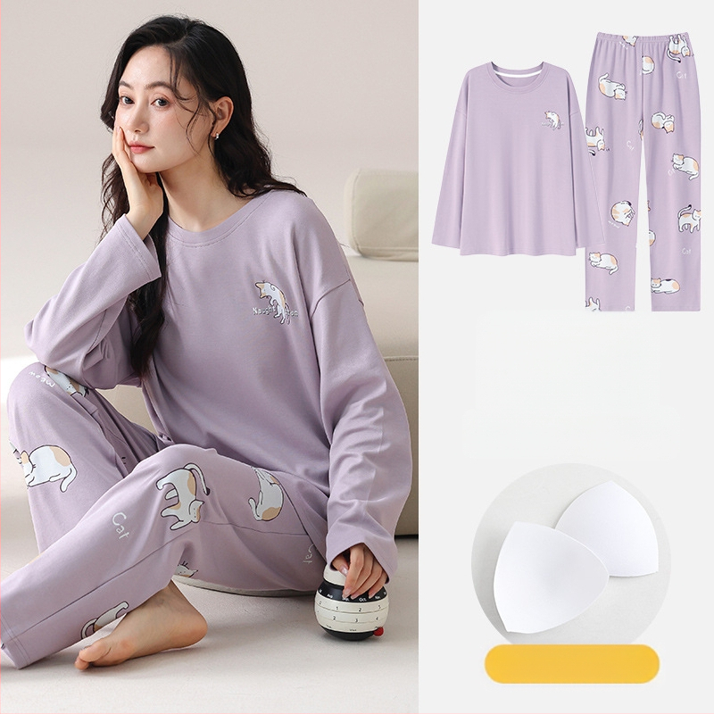 Jesenska i zimska pidžama dugih rukava za žene, vanjska odjeća s trakom za glavu i jastučićima za prsa, jednodijelna, dvodijelna, slatka, plus size, široka kućna odjeća
