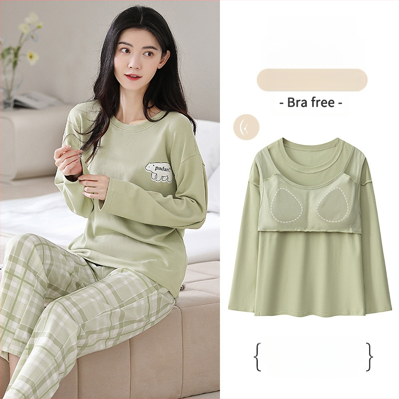 [S jastučićem za prsa] Ženske pamučne hlače dugih rukava, pidžama, jesensko-zimski model, novo dvodijelno odijelo otporno na udarce