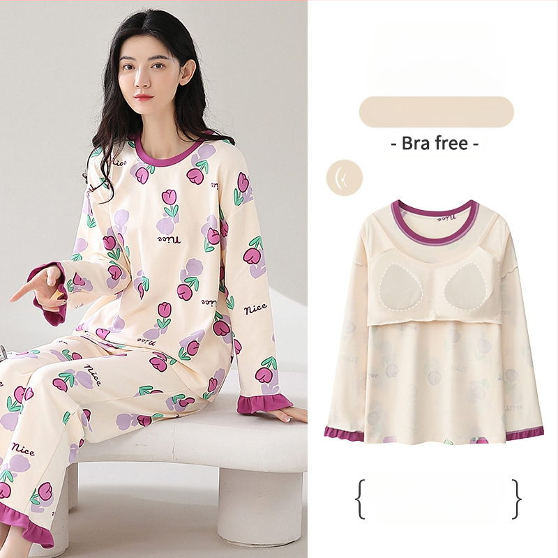 [S jastučićem za prsa] Ženske pamučne hlače dugih rukava, pidžama, jesensko-zimski model, novo dvodijelno odijelo otporno na udarce
