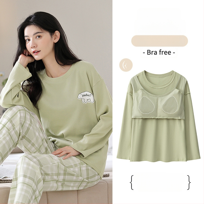 [S jastučićem za prsa] Ženske pamučne hlače dugih rukava, pidžama, jesensko-zimski model, novo dvodijelno odijelo otporno na udarce