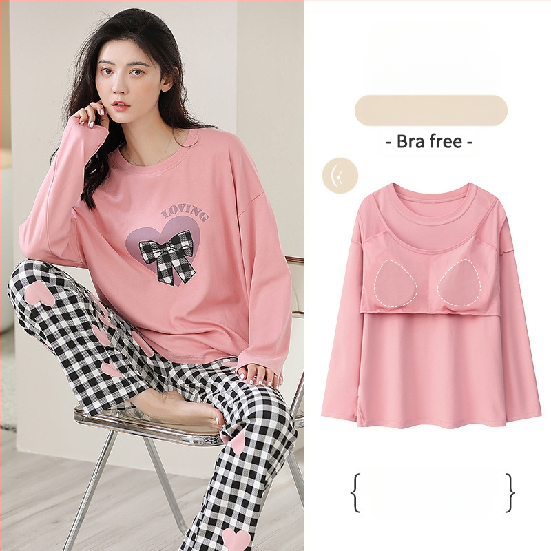 [S jastučićem za prsa] Ženske pamučne hlače dugih rukava, pidžama, jesensko-zimski model, novo dvodijelno odijelo otporno na udarce