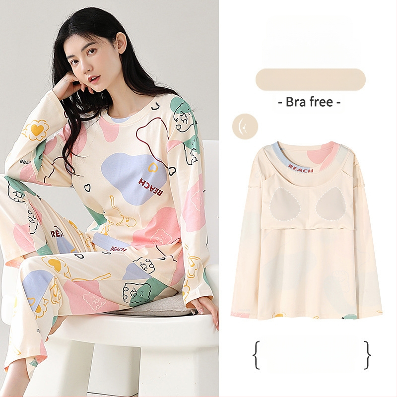 [S jastučićem za prsa] Ženske pamučne hlače dugih rukava, pidžama, jesensko-zimski model, novo dvodijelno odijelo otporno na udarce