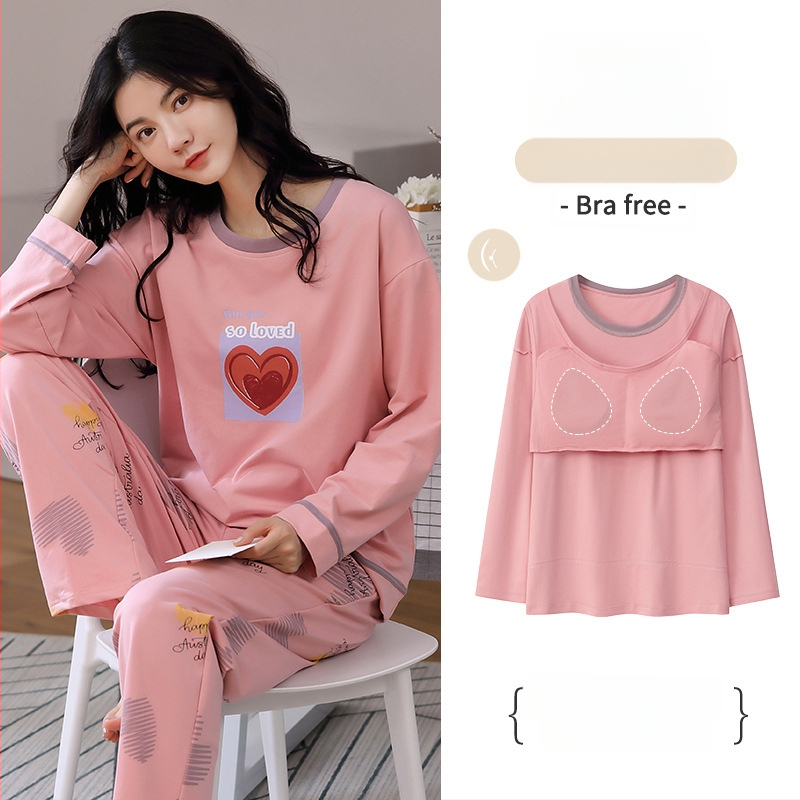 [S jastučićem za prsa] Ženske pamučne hlače dugih rukava, pidžama, jesensko-zimski model, novo dvodijelno odijelo otporno na udarce