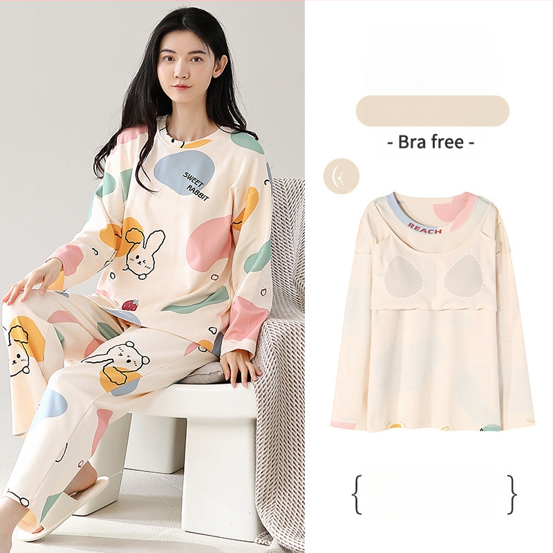 [S jastučićem za prsa] Ženske pamučne hlače dugih rukava, pidžama, jesensko-zimski model, novo dvodijelno odijelo otporno na udarce