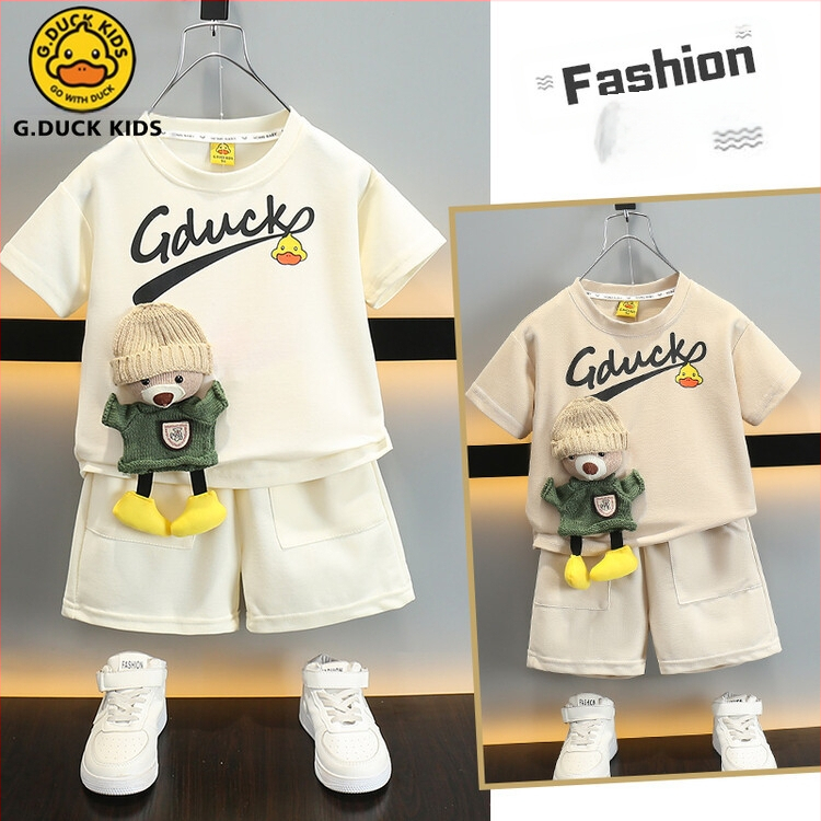 Costum de vară pentru băieți cu rățușcă galbenă, ursuleț, 2024, haine noi pentru copii, frumos, cu mânecă scurtă, casual, pentru copii, haine pentru bebeluși pentru băieți