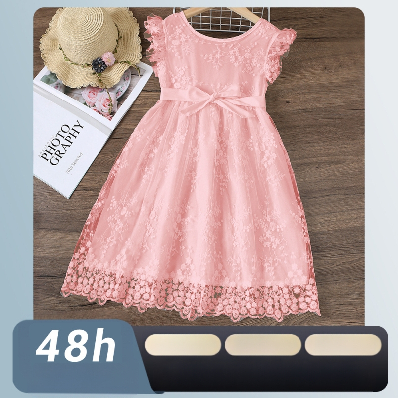 Fustă brodată cu mâneci mici pentru copii, îmbrăcăminte pentru copii, rochie de plasă în stil la modă de vară 2025, vânzare fierbinte în Europa și America