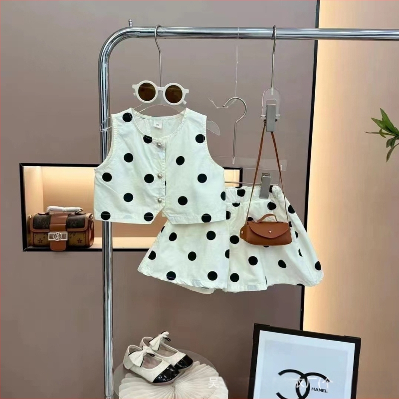 Fete 2025 vară stil coreean Polka Dot top și pantaloni scurți set din două piese pentru fete copii costum la modă fără mâneci cu buline