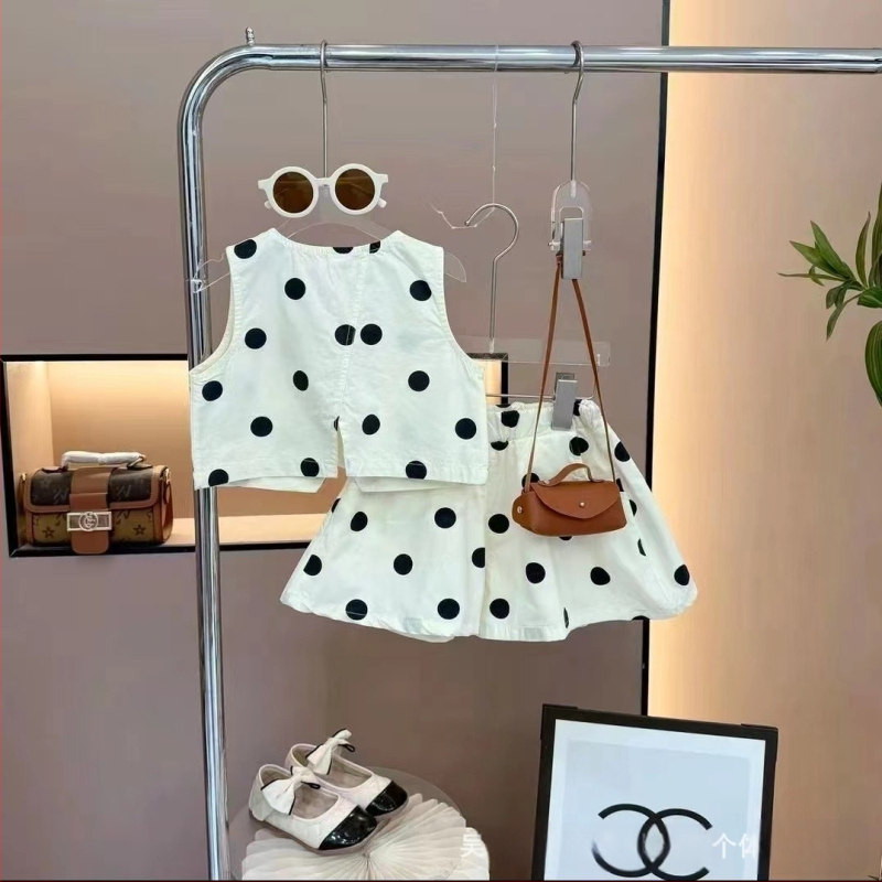 Fete 2025 vară stil coreean Polka Dot top și pantaloni scurți set din două piese pentru fete copii costum la modă fără mâneci cu buline
