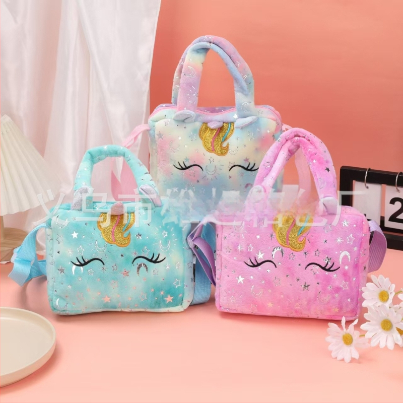 Modes jauka vienradža izšuvuma nejauša krāsaina batikota plīša mini rokassoma pārnēsājama divējāda lietojuma