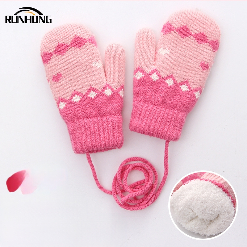 Dvisluoksnė vilnos pamušalu sustorinta lauko šalčiui atspari vaikiška rankinė su pirštais megztos mielos mergaičių žieminės pirštinės vaikiškos šiltos pirštinės