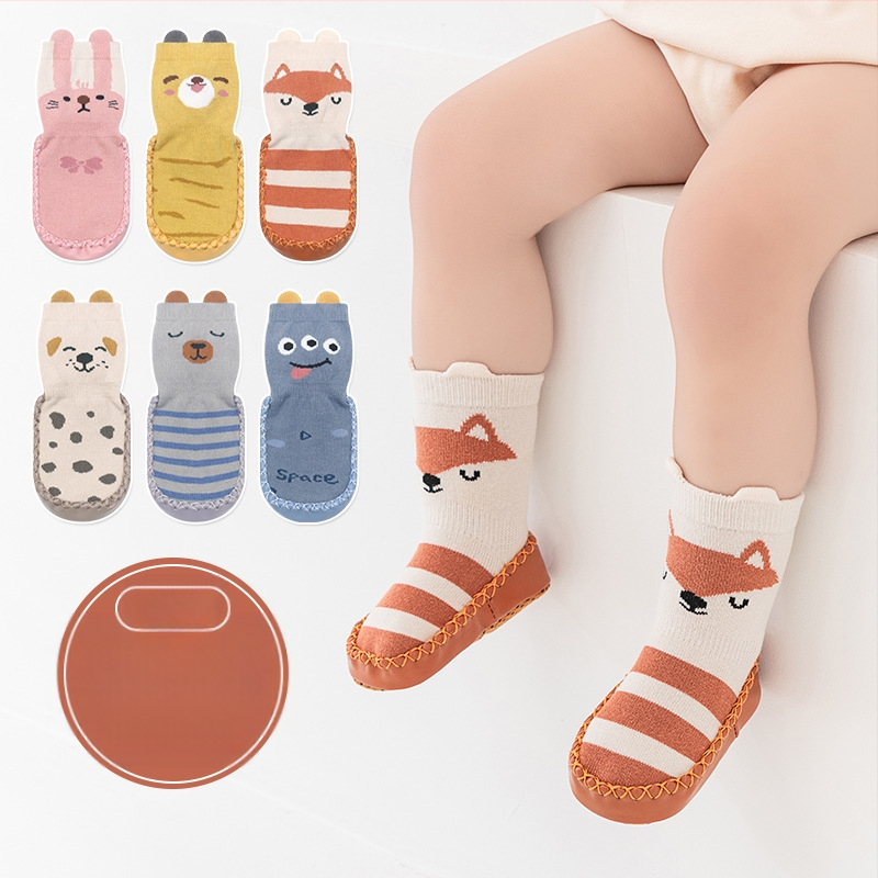 Korea stiilis libisemiskindlad beebikingad, sokid, kingad, imikud ja väikelapsed, liimiga põrandasokid, stereokoomiksiga nahast tallaga sokid