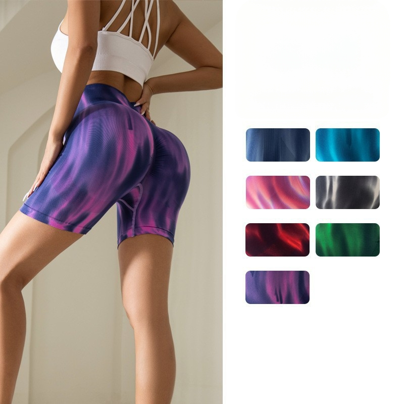 Lipsuvärvi virsikuvärvi tagumikuga naiste lühikesed püksid, Euroopa ja Ameerika Aurora erksavärvilised joogapüksid ülerõivasteks, kõrge vöökohaga tagumikku tõstvad kolmepunktilised spordipüksid