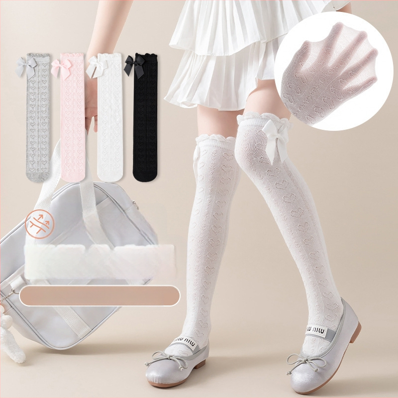 Tüdrukute suvised õhukesed põlvekõrgused võrksokid, beebi sääsesokid, laste suvised lillekujulised lipsuga kõrged sokid