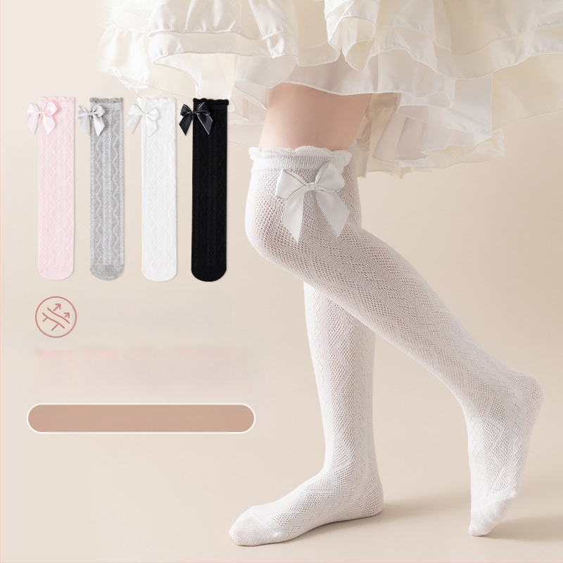 Tüdrukute suvised õhukesed põlvekõrgused võrksokid, beebi sääsesokid, laste suvised lillekujulised lipsuga kõrged sokid