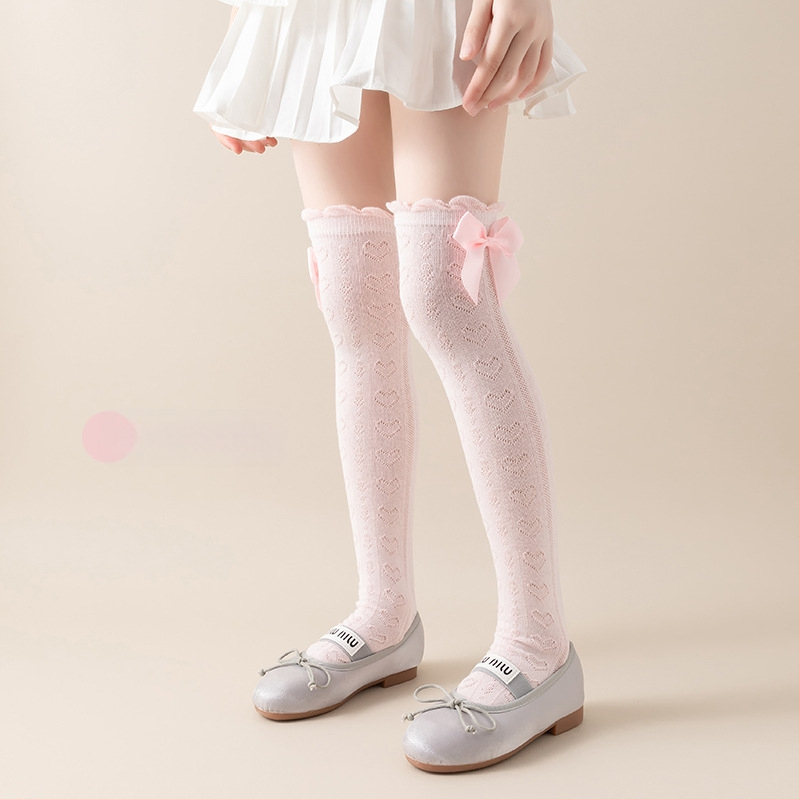 Tüdrukute suvised õhukesed põlvekõrgused võrksokid, beebi sääsesokid, laste suvised lillekujulised lipsuga kõrged sokid