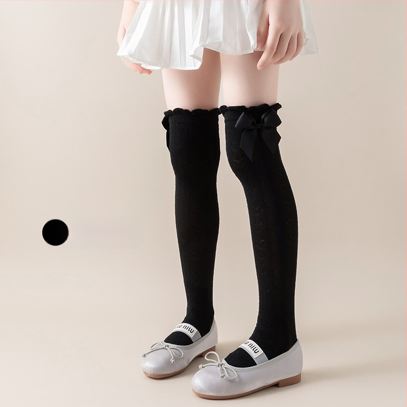 Tüdrukute suvised õhukesed põlvekõrgused võrksokid, beebi sääsesokid, laste suvised lillekujulised lipsuga kõrged sokid