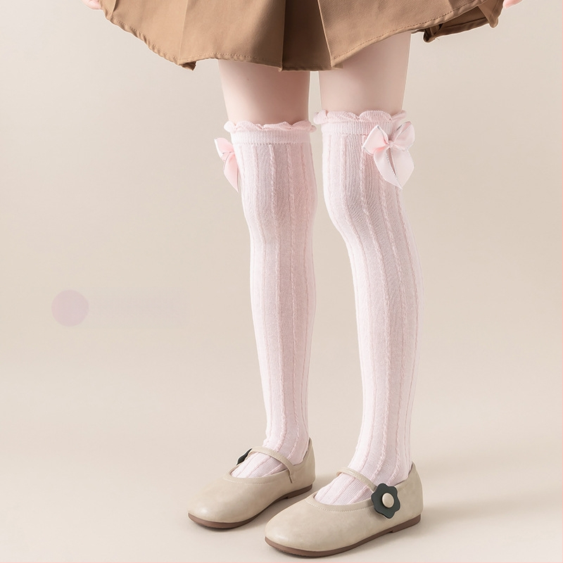 Tüdrukute suvised õhukesed põlvekõrgused võrksokid, beebi sääsesokid, laste suvised lillekujulised lipsuga kõrged sokid
