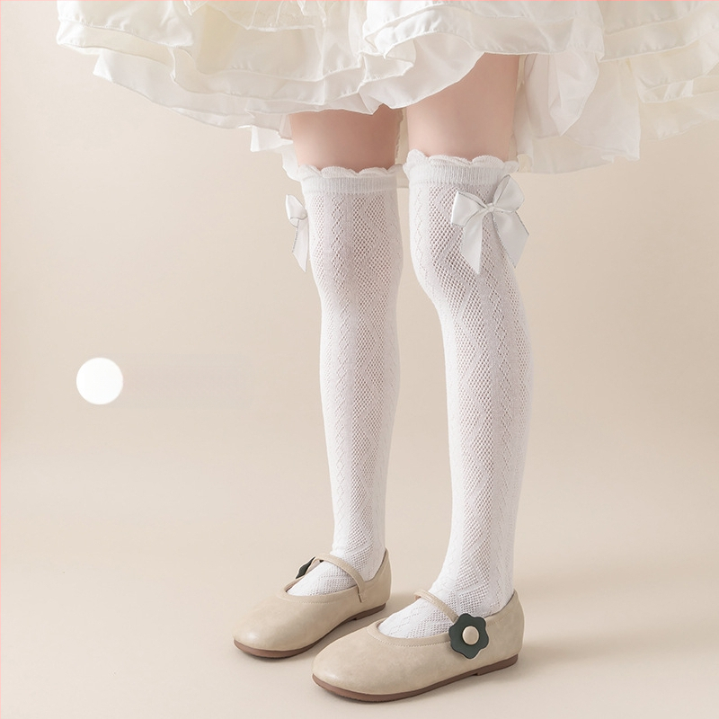 Tüdrukute suvised õhukesed põlvekõrgused võrksokid, beebi sääsesokid, laste suvised lillekujulised lipsuga kõrged sokid