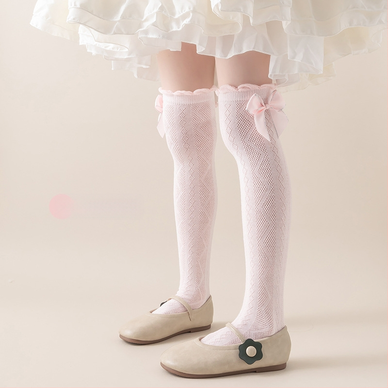 Tüdrukute suvised õhukesed põlvekõrgused võrksokid, beebi sääsesokid, laste suvised lillekujulised lipsuga kõrged sokid