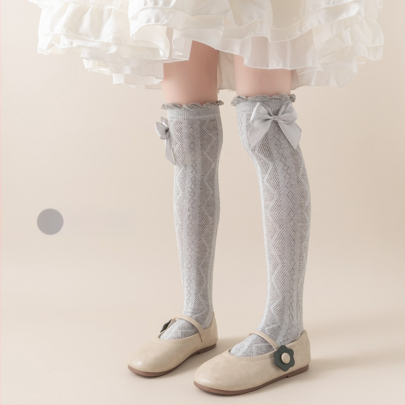 Tüdrukute suvised õhukesed põlvekõrgused võrksokid, beebi sääsesokid, laste suvised lillekujulised lipsuga kõrged sokid