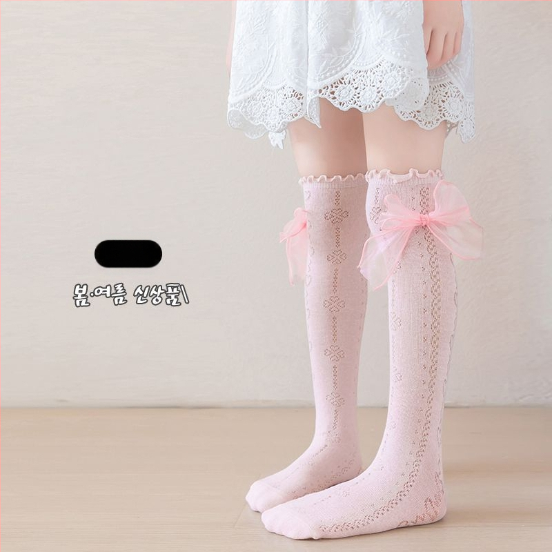 Tüdrukute suvised õhukesed põlvekõrgused võrksokid, beebi sääsesokid, laste suvised lillekujulised lipsuga kõrged sokid