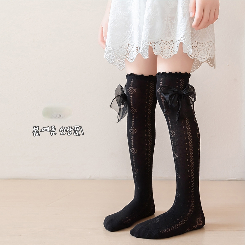 Tüdrukute suvised õhukesed põlvekõrgused võrksokid, beebi sääsesokid, laste suvised lillekujulised lipsuga kõrged sokid