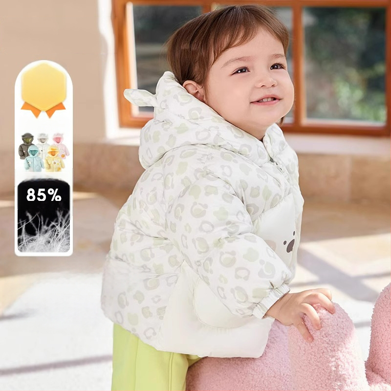 Bērnu dūnu jaka ar vieglu kapuci 2024. gada jauna bērnu apģērba mazuļu dūnu jaka, silta jaka zēniem un meitenēm