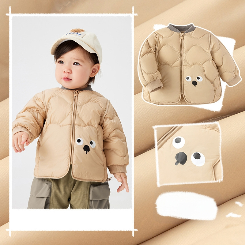 Atlaide dūnu jakām zēniem un meitenēm 2024. gada rudens un ziemas jaunā bērnu vieglā jaka mazuļiem, kas iziet ārā, baltas pīles dūnas ziemā