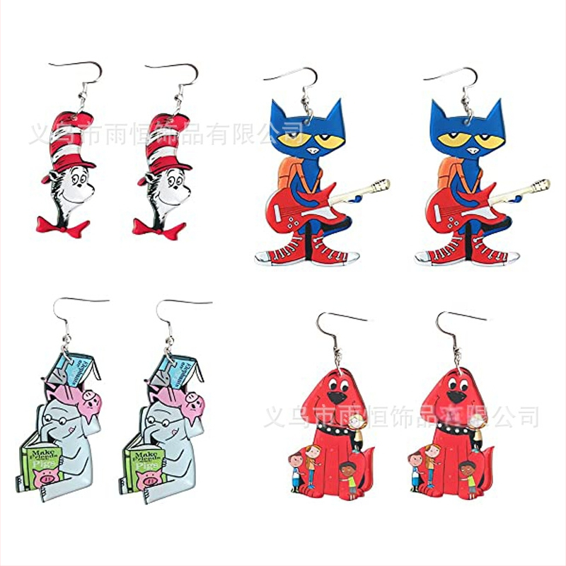 Pārrobežu radoši multfilmu ģitāras kaķa sarkanā suņa auskari dāmām un meitenēm, skolniecēm, atgriešanās skolā, skolotāja, pateicības dāvana