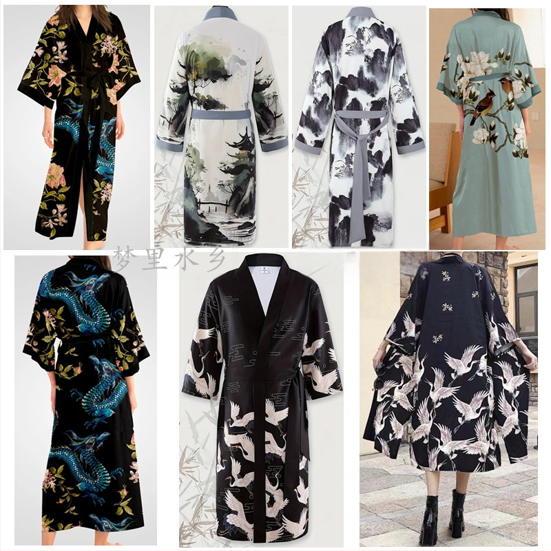 Novi prekogranični vanjskotrgovinski Harajuku otisnuti tintom krajolik dugi muški i ženski kaput s pojasom, pidžama, ogrtač, kardigan