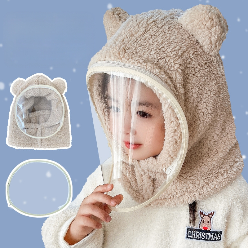 Detská čiapka, vetruodolná čiapka, zimná šatka integrovaná čiapka s tvárovým štítom, celotvárová ochrana, cyklistická čiapka s medveďom, vetruodolná a teplá