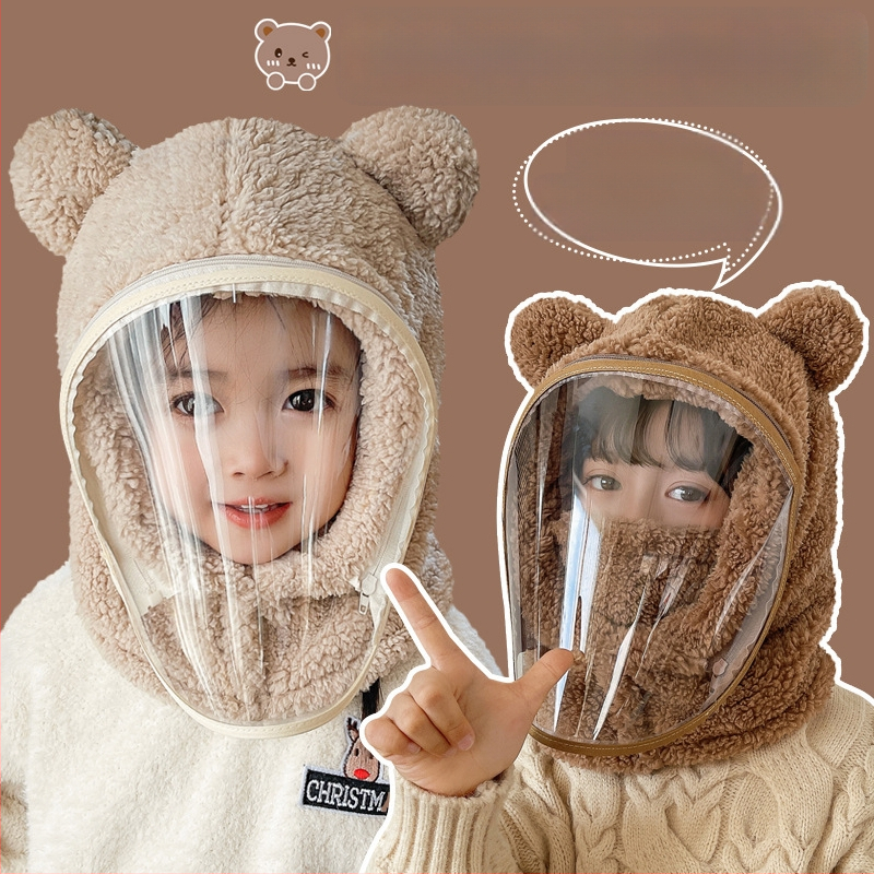 Detská čiapka, vetruodolná čiapka, zimná šatka integrovaná čiapka s tvárovým štítom, celotvárová ochrana, cyklistická čiapka s medveďom, vetruodolná a teplá