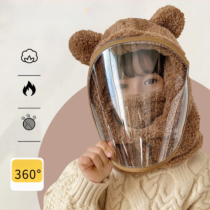 Detská čiapka, vetruodolná čiapka, zimná šatka integrovaná čiapka s tvárovým štítom, celotvárová ochrana, cyklistická čiapka s medveďom, vetruodolná a teplá