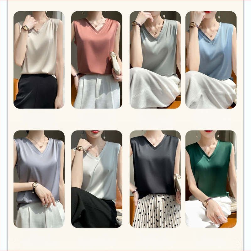 Vasarinė V formos iškirpte atlasinė palaidinė moterims su trumpu laisvu berankoviu kostiumėliu apačioje didelio dydžio palaidinė moterims