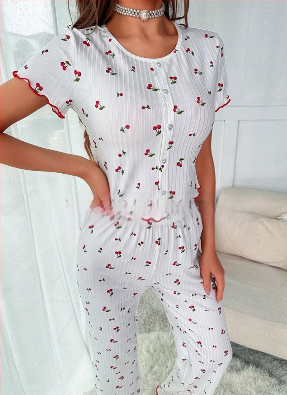 Europske i američke pidžame s prekograničnim shein uzorkom trešnje, drvenim ušima s prednjim gumbima, kratkim rukavima, odijelo za žensku kućnu odjeću